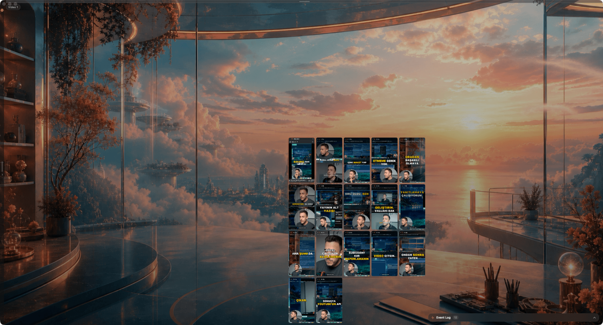 Bambarata workspace with a deck of AI-generated captioned clips on a cinematic canvas